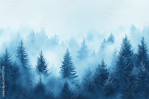 Watercolor Blue landscape of foggy forest hill. Evergreen coniferous trees. Wild nature, frozen, misty, taiga. Horizontal watercolor background