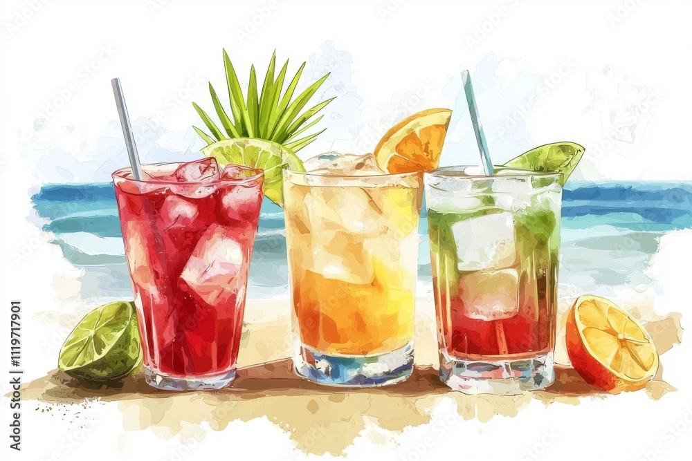 Three vibrant cocktails on a sandy beach, featuring colorful fruit garnishes and refreshing ice. Three vibrant cocktails on a sandy beach, featuring colorful fruit garnishes and refreshing ice.
