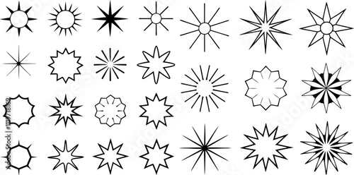 Collection of various black line star glittering symbols, including stars, sparkles, starbursts, flash stars, and spark symbols, all set on a transparent background.