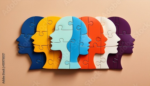Colorful puzzle pieces representing diverse human profiles and connections in a vibrant, abstract style on a soft beige background, symbolizing unity and collaboration photo
