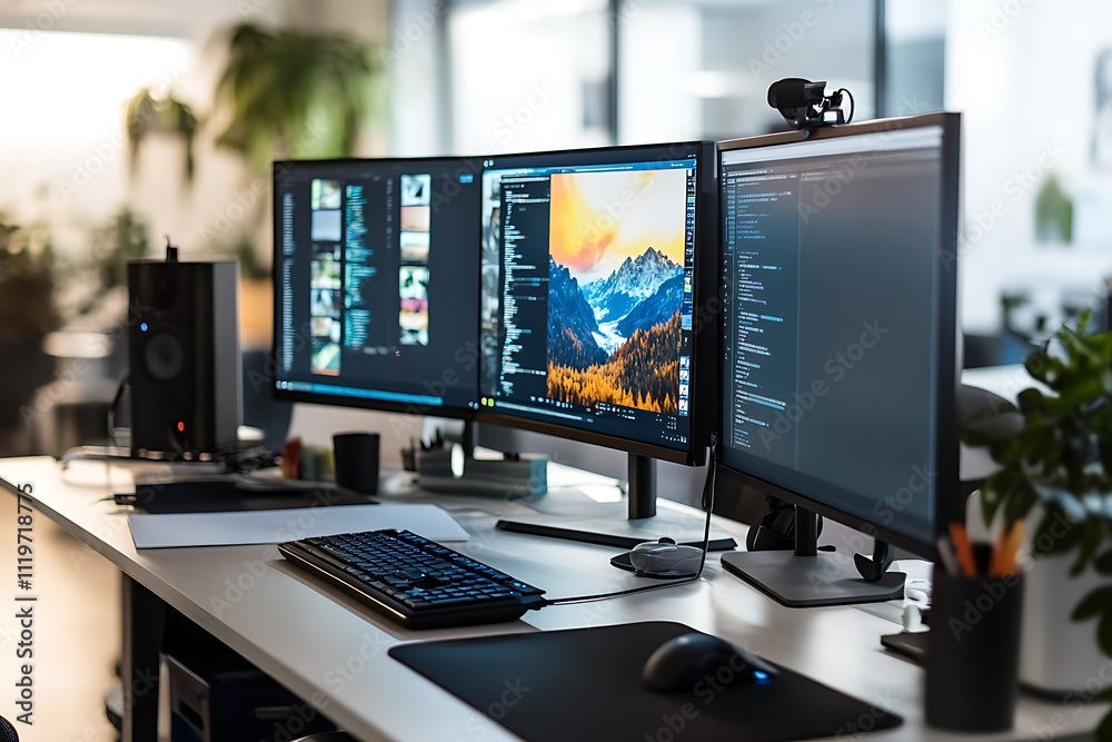A creative workspace with a large desk and multiple monitors, A creative workspace with a large desk and multiple monitors,