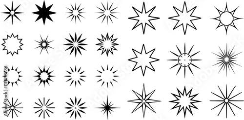 Collection of vintage light, sun, and starburst shapes; distinct radial patterns of light rays and shining lines; ray stars vector outline and icon on a transparent background.