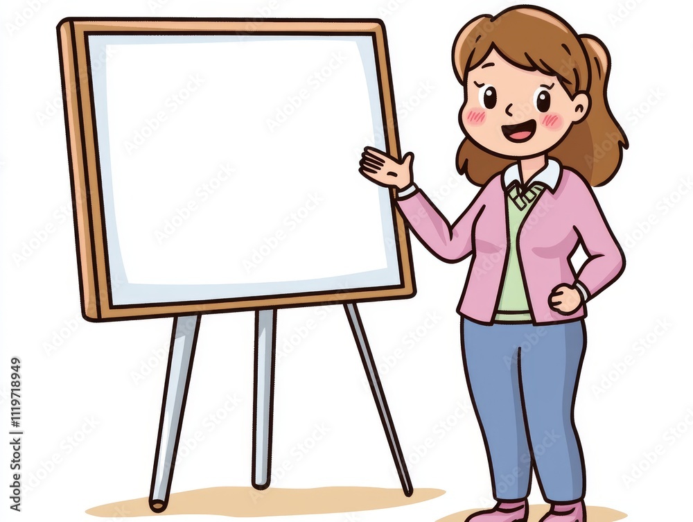 Friendly Lady Gesturing Beside Blank Presentation Board Friendly Lady Gesturing Beside Blank Presentation Board