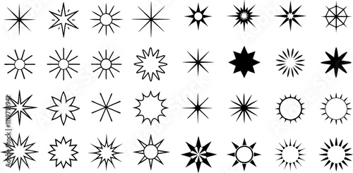 Collection of vintage light, sun, and starburst shapes; distinct radial patterns of light rays and shining lines; ray stars vector outline and icon on a transparent background.