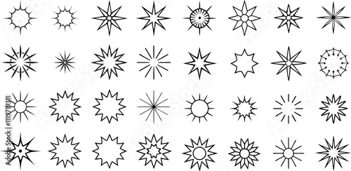 Collection of vintage light, sun, and starburst shapes; distinct radial patterns of light rays and shining lines; ray stars vector outline and icon on a transparent background.