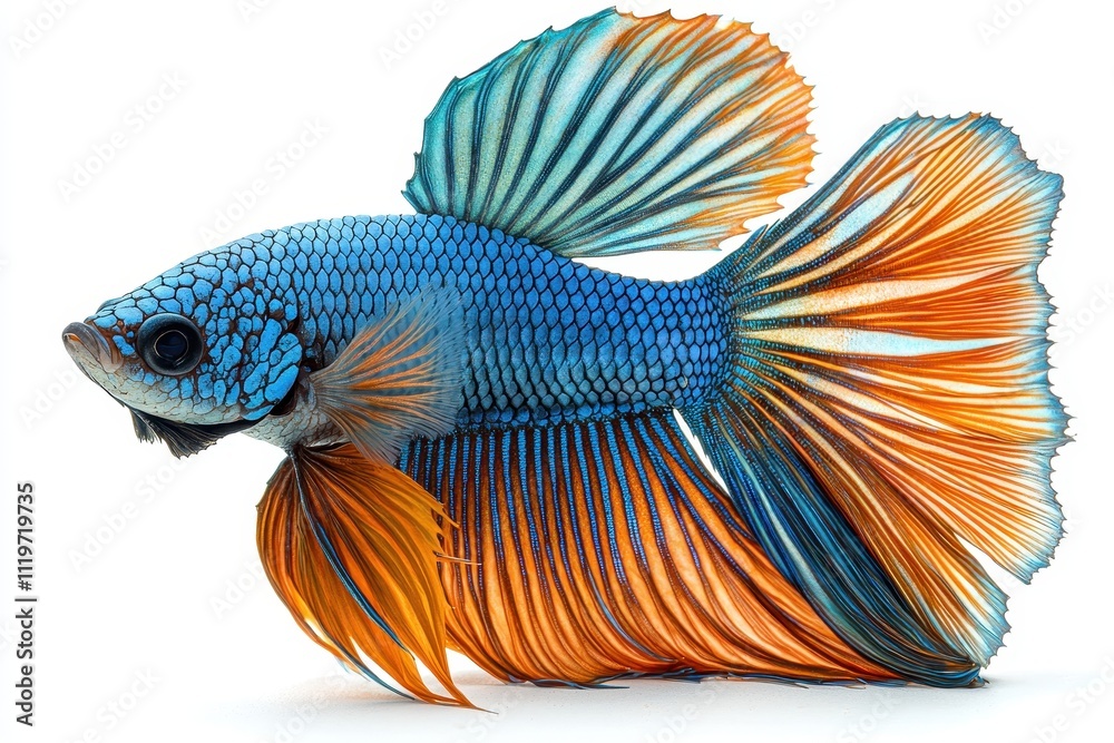 Fototapeta premium Vivid Aquarium Fish with Elaborate Fins on White Background