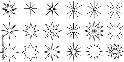 Collection of vintage light, sun, and starburst shapes; distinct radial patterns of light rays and shining lines; ray stars vector outline and icon on a transparent background.