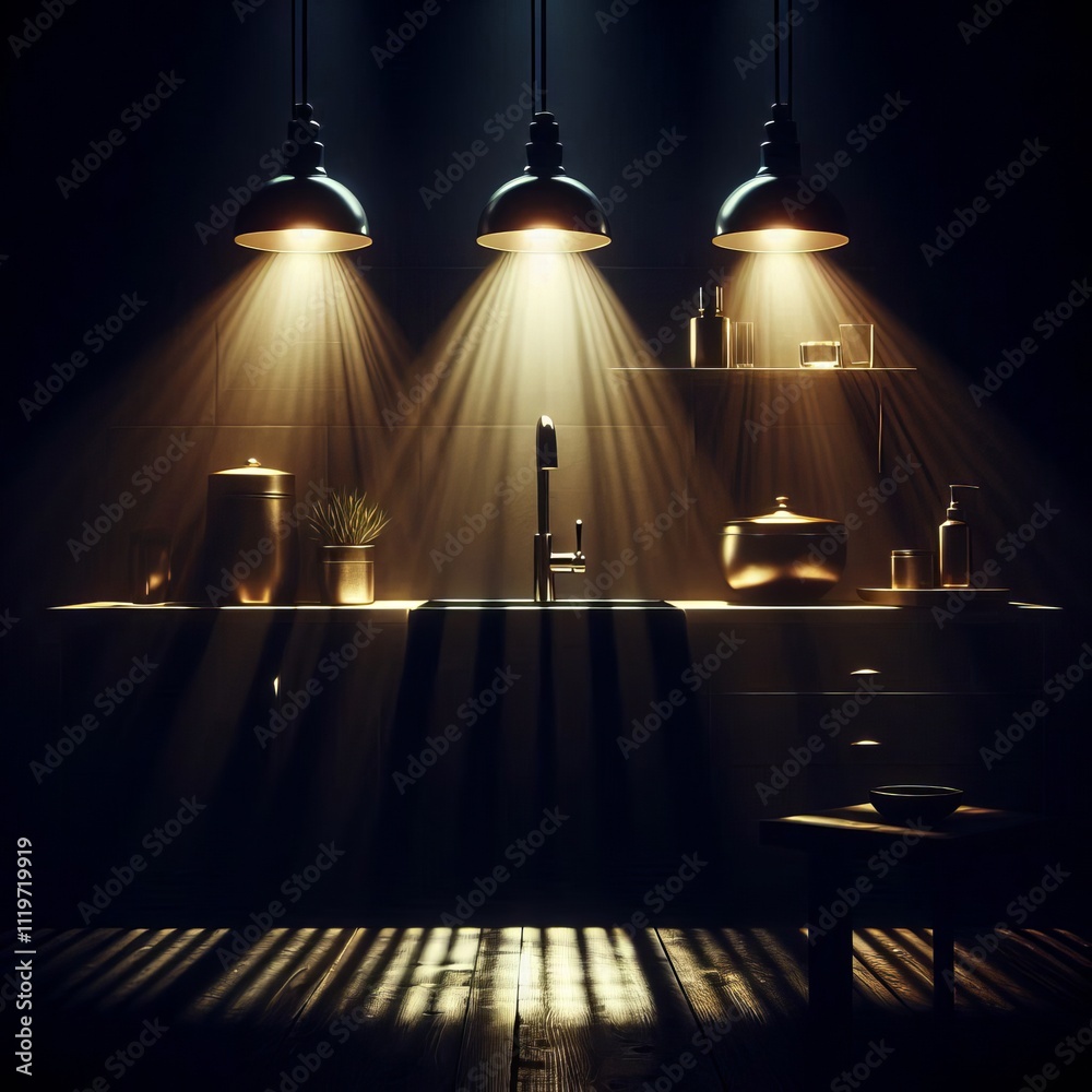Nighttime Darker scene illuminated by the sink light and creatin Nighttime Darker scene illuminated by the sink light and creatin
