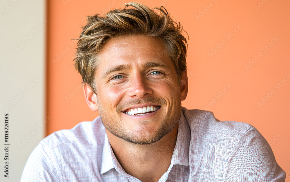 Obraz premium A man with a smile on his face is wearing a pink shirt