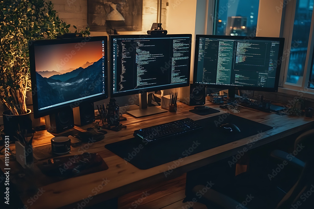 A creative workspace with a large desk and multiple monitors, A creative workspace with a large desk and multiple monitors,