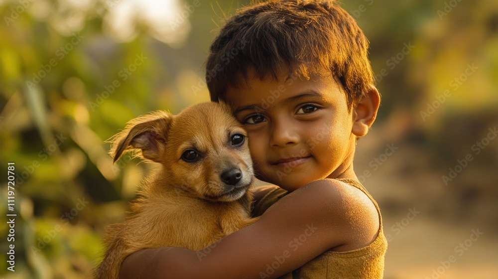 A young boy lovingly embraces a small, light brown puppy. Golden hour light illuminates the scene. A young boy lovingly embraces a small, light brown puppy. Golden hour light illuminates the scene.