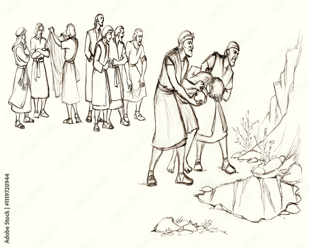 Pencil drawing. The men caught the guy and are leading him