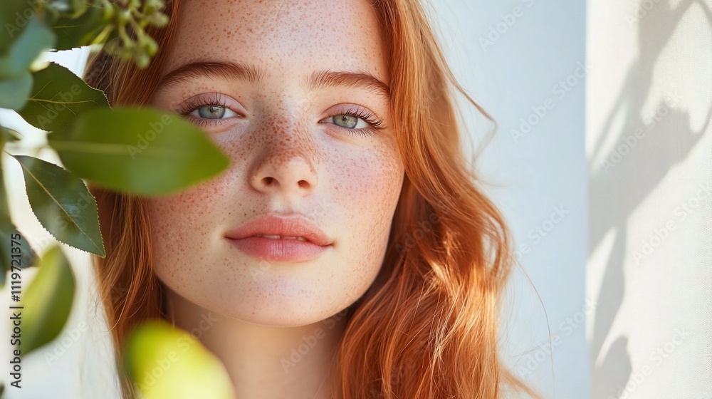 Close-up portrait of a freckled redhead woman with green eyes, partially hidden behind green leaves. Close-up portrait of a freckled redhead woman with green eyes, partially hidden behind green leaves.