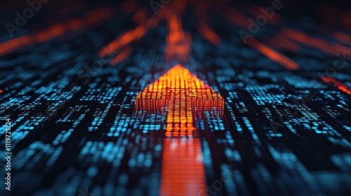 A glowing arrow composed of digital elements points forward through a matrix of binary code, symbolizing progress and technology.