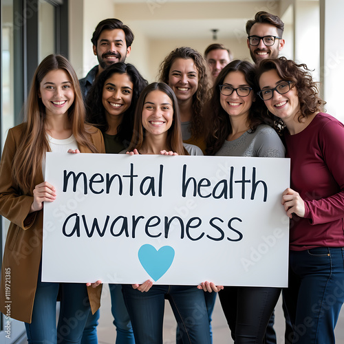 Diverse group of smiling people holding a 