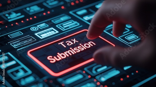 taxes submission process. A hand presses a digital button labeled 