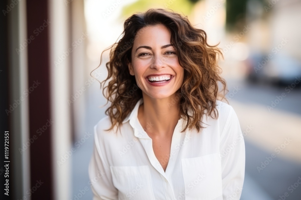 Portrait of a beautiful young woman with curly hair smiling at the camera Portrait of a beautiful young woman with curly hair smiling at the camera