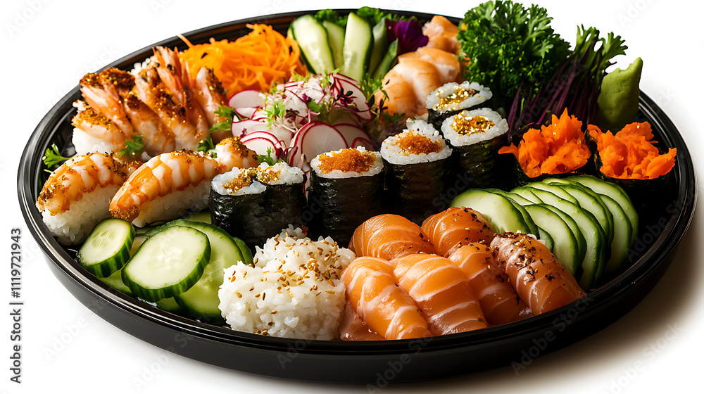Chirashi Sushi, A large, circular platter with a feast of ingredients Chirashi Sushi, A large, circular platter with a feast of ingredients