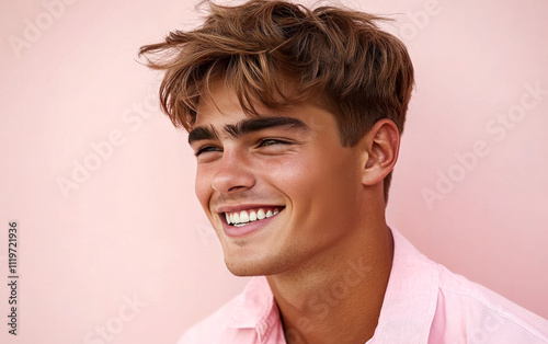 A man with a smile on his face is wearing a pink shirt