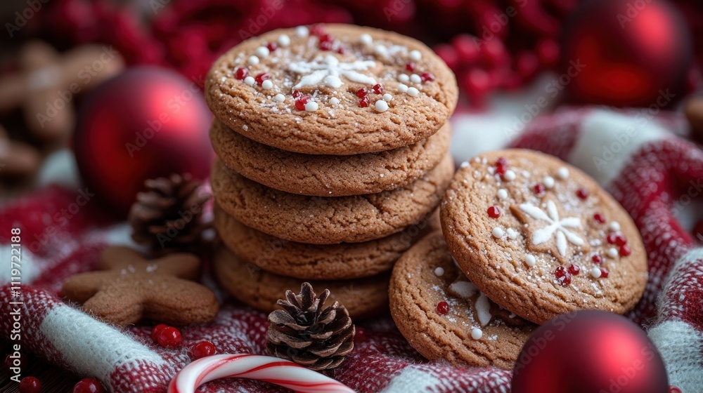 Stack of Christmas cookies with red ornaments and candy cane. Stack of Christmas cookies with red ornaments and candy cane.