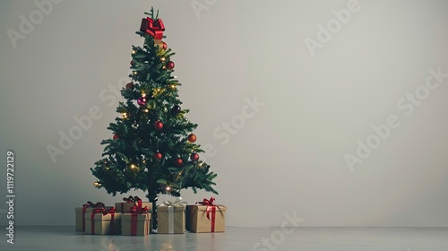 Christmas Tree Surrounded by Gift Boxes and Copy Space on Grey Background for Merry Christmas Photo. photo