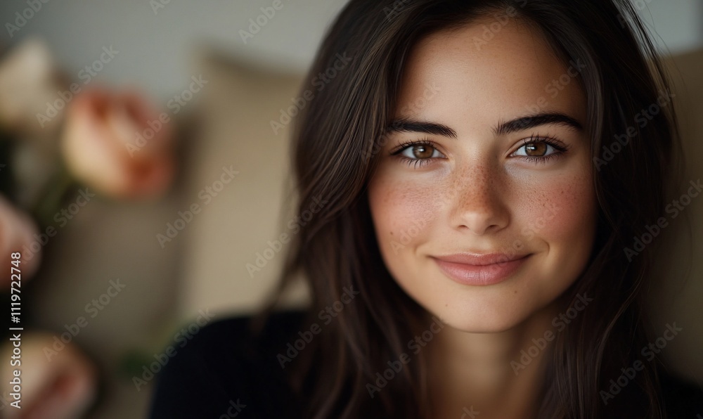 Close-up portrait of a smiling young woman with freckles and brown hair, sitting near roses. Close-up portrait of a smiling young woman with freckles and brown hair, sitting near roses.