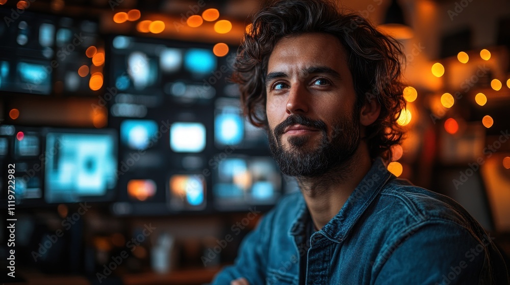 Obraz premium thoughtful man in front of multiple screens, illuminated by warm lights.