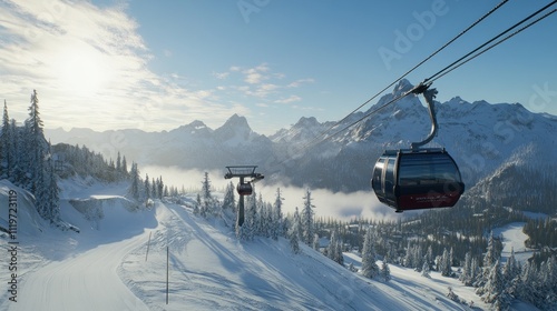 Mountaintop gondola ride, snowy peaks, winter landscape.