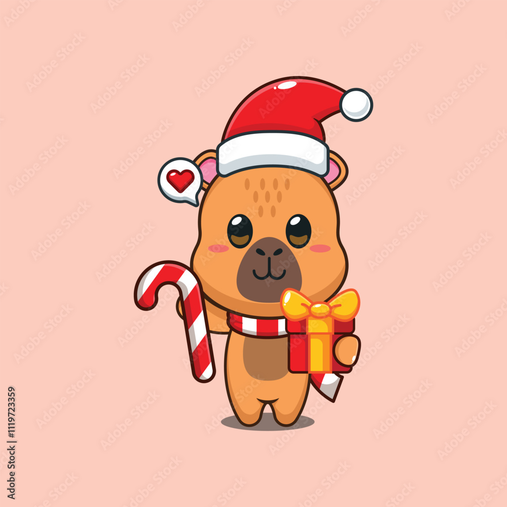 Cute capybara holding christmas candy and gift. Cartoon vector illustration in Christmas day. Cute capybara holding christmas candy and gift. Cartoon vector illustration in Christmas day.