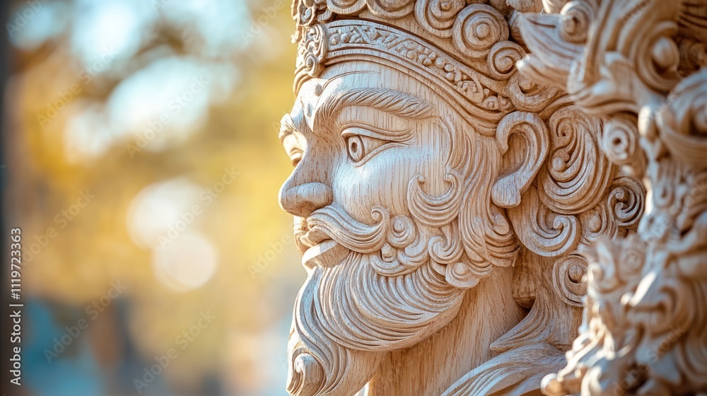 Close-up of intricately carved wooden statue, depicting a regal male figure with detailed facial features and ornate headdress, set against a blurred natural background. Close-up of intricately carved wooden statue, depicting a regal male figure with detailed facial features and ornate headdress, set against a blurred natural background.