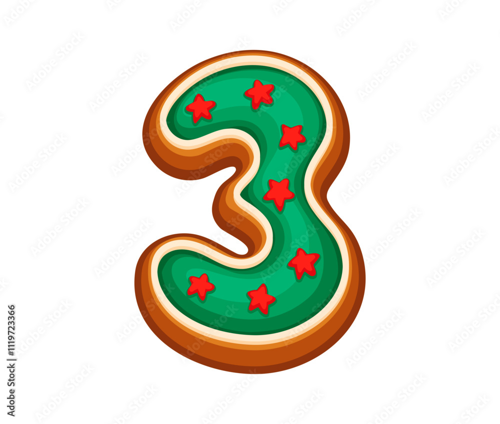 Number 3 gingerbread cookie with green icing and red star decorations, for Christmas, New Year or birthday celebration. Cartoon vector font, xmas typeface, funny dessert type, pastry alphabet numeral Number 3 gingerbread cookie with green icing and red star decorations, for Christmas, New Year or birthday celebration. Cartoon vector font, xmas typeface, funny dessert type, pastry alphabet numeral