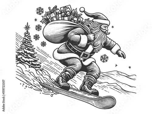 Santa Claus snowboarding with a sack of gifts, surrounded by snowflakes. Fun and festive winter scene sketch engraving generative ai vector illustration. Scratch board imitation. Black and white image