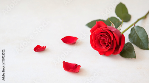 Beautiful red rose with petals scattered nearby, symbolizing love and romance. Perfect for special occasions or heartfelt moments