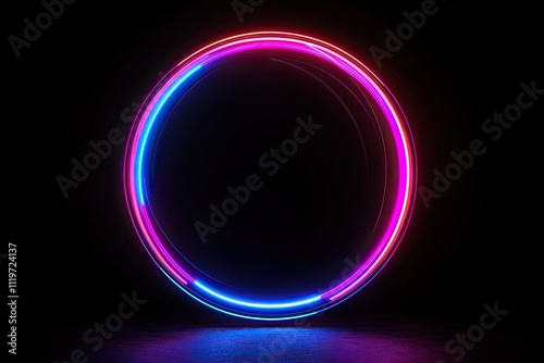 Radial abstract neon background. Laser neon lines move in a circle along a circular dark geometry. Conceptual technology background. Blue purple light spectrum. 3d illustration