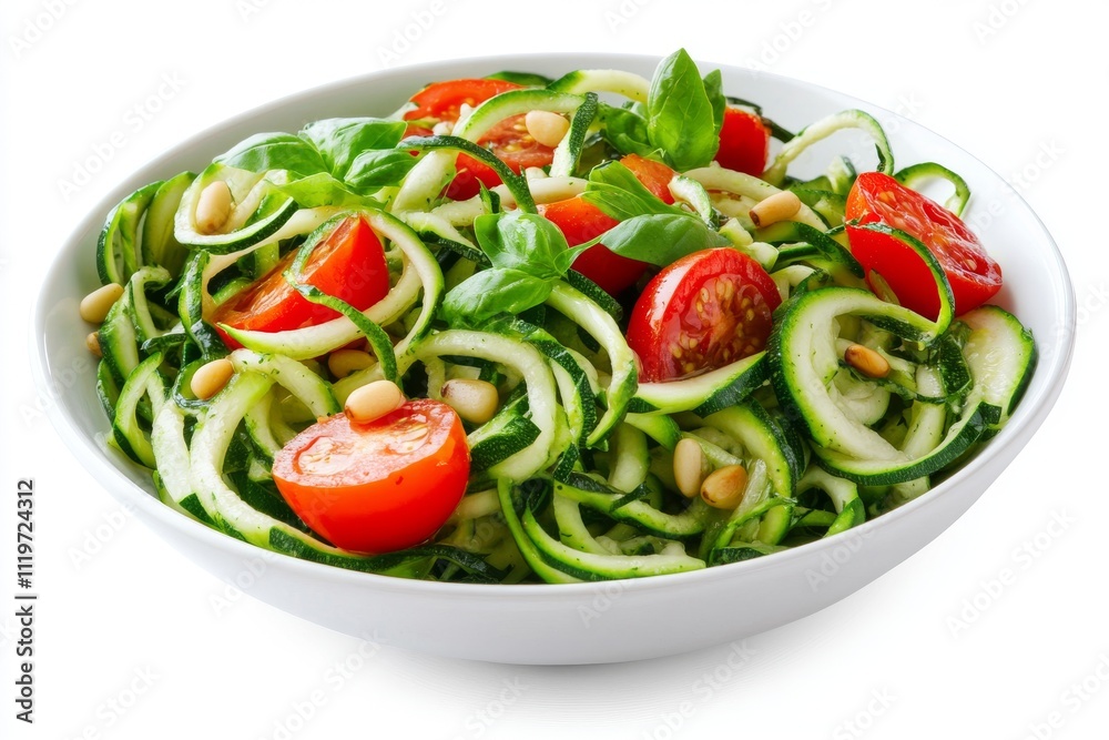 A fresh, vibrant zucchini noodle salad topped with cherry tomatoes and pine nuts, garnished with basil. A fresh, vibrant zucchini noodle salad topped with cherry tomatoes and pine nuts, garnished with basil.