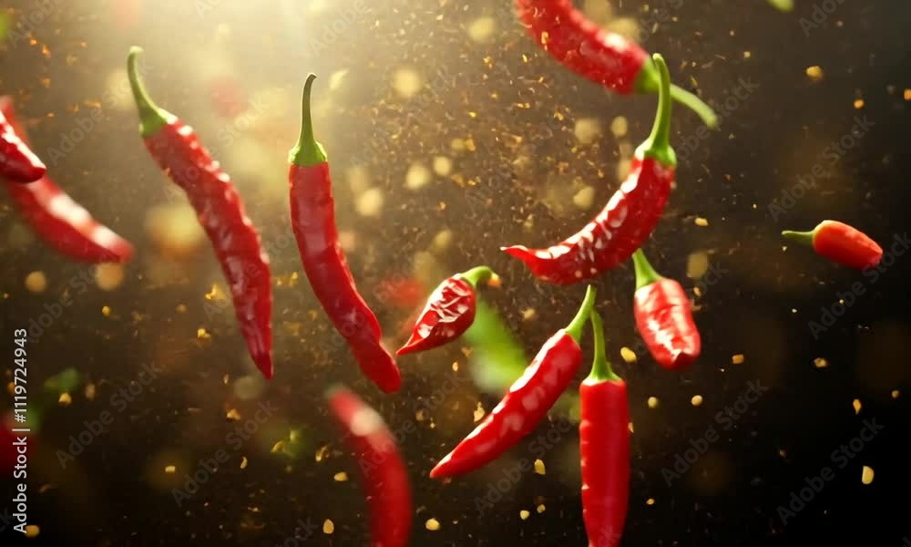 A dynamic image of red chili peppers surrounded by flying seeds, highlighting culinary spice.