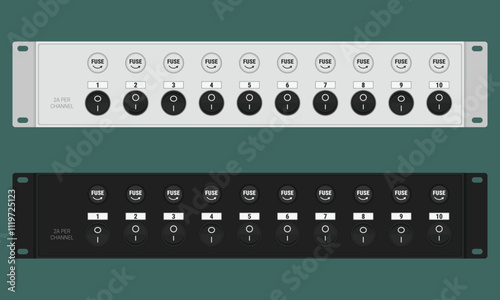 10 channels switching board with individual fuses and round switches. Rack mount 2U power distribution panel for 19 inch server rack. Vector illustration in flat style