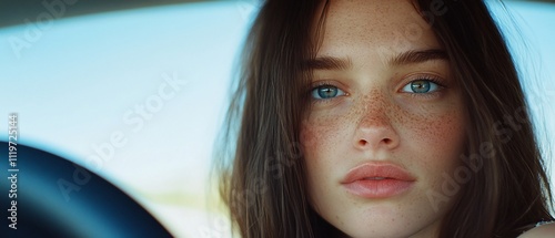 Close-up portrait of a young woman with freckles and blue eyes, sitting in a car.