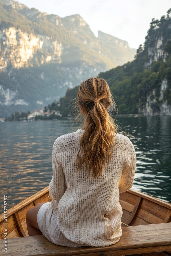 Fototapeta premium A female traveller on a boat enjoy the beautiful scenery at a lake 