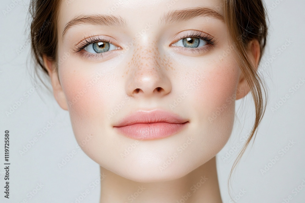 Close-up portrait of a young woman with freckles and clear skin, smiling gently. Close-up portrait of a young woman with freckles and clear skin, smiling gently.