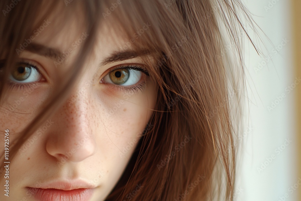 Close-up portrait of a young woman with freckles and brown hair, intense gaze. Close-up portrait of a young woman with freckles and brown hair, intense gaze.