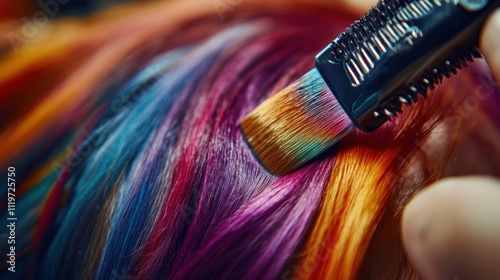 Close-up of a hand applying vibrant, colorful hair dye to a person's hair with a brush.