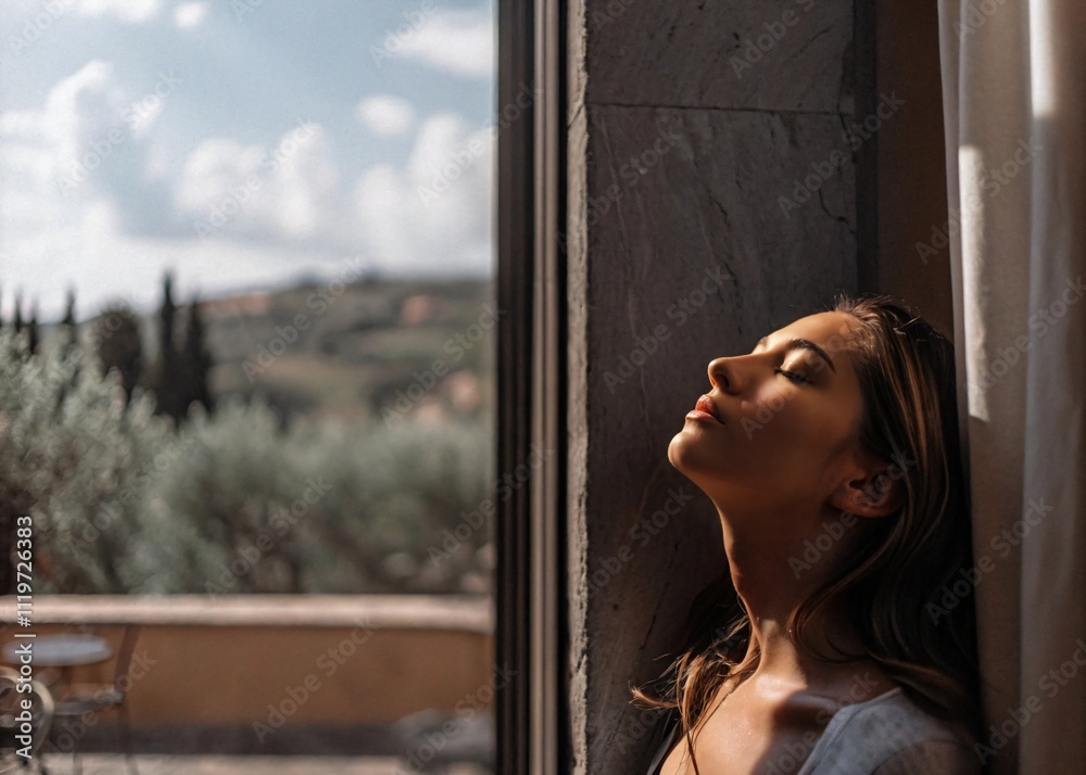 A woman with closed eyes near the window, a state of mind A woman with closed eyes near the window, a state of mind