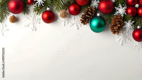 Christmas ornament corner border banner. Above view on a white snow background.