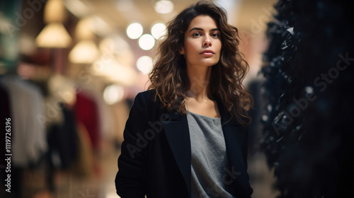 A beautiful fashion buyer selecting stylish outfits on a rack, with a soft bokeh background.