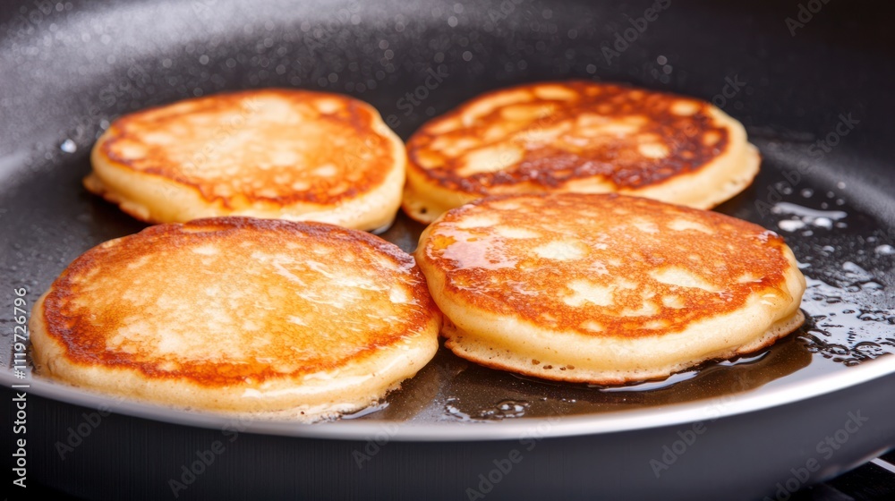 Golden-brown pancakes sizzling in a skillet, ready to be flipped and enjoyed as a delicious breakfast treat. Golden-brown pancakes sizzling in a skillet, ready to be flipped and enjoyed as a delicious breakfast treat.