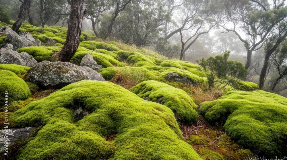 A lush carpet of moss covers the forest floor, with large rocks scattered amongst the greenery. The air is thick with mist, creating a mysterious and tranquil atmosphere. A lush carpet of moss covers the forest floor, with large rocks scattered amongst the greenery. The air is thick with mist, creating a mysterious and tranquil atmosphere.