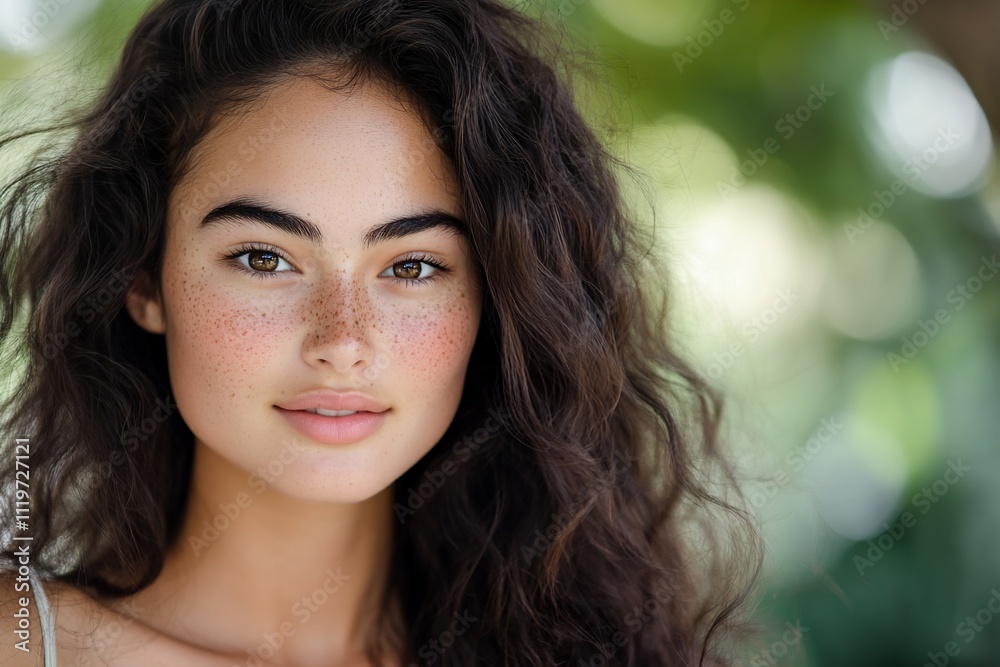 Close-up portrait of a young woman with freckles and long, wavy brown hair. Close-up portrait of a young woman with freckles and long, wavy brown hair.