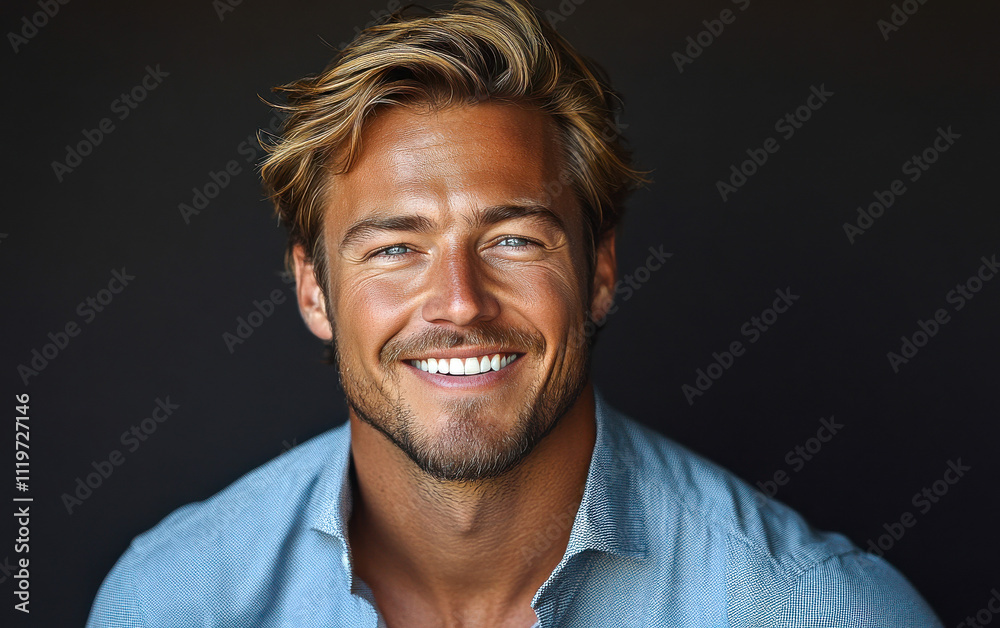 A man with a smile on his face is wearing a pink shirt