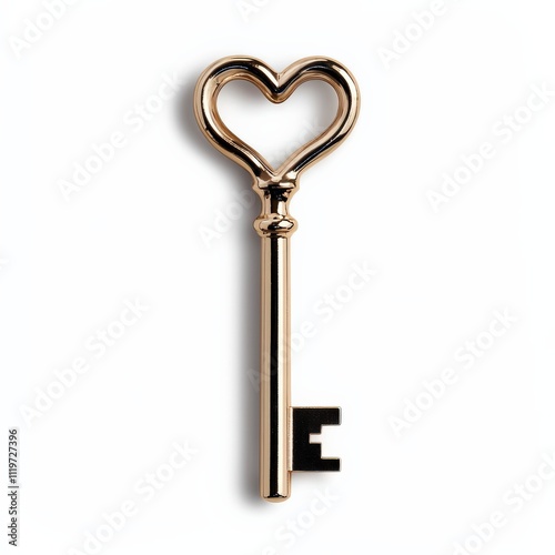 A gold key with a heart shaped hole in the middle